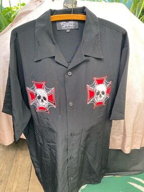 Black Skull Embroidered Camp Shirt by Paradise Garments